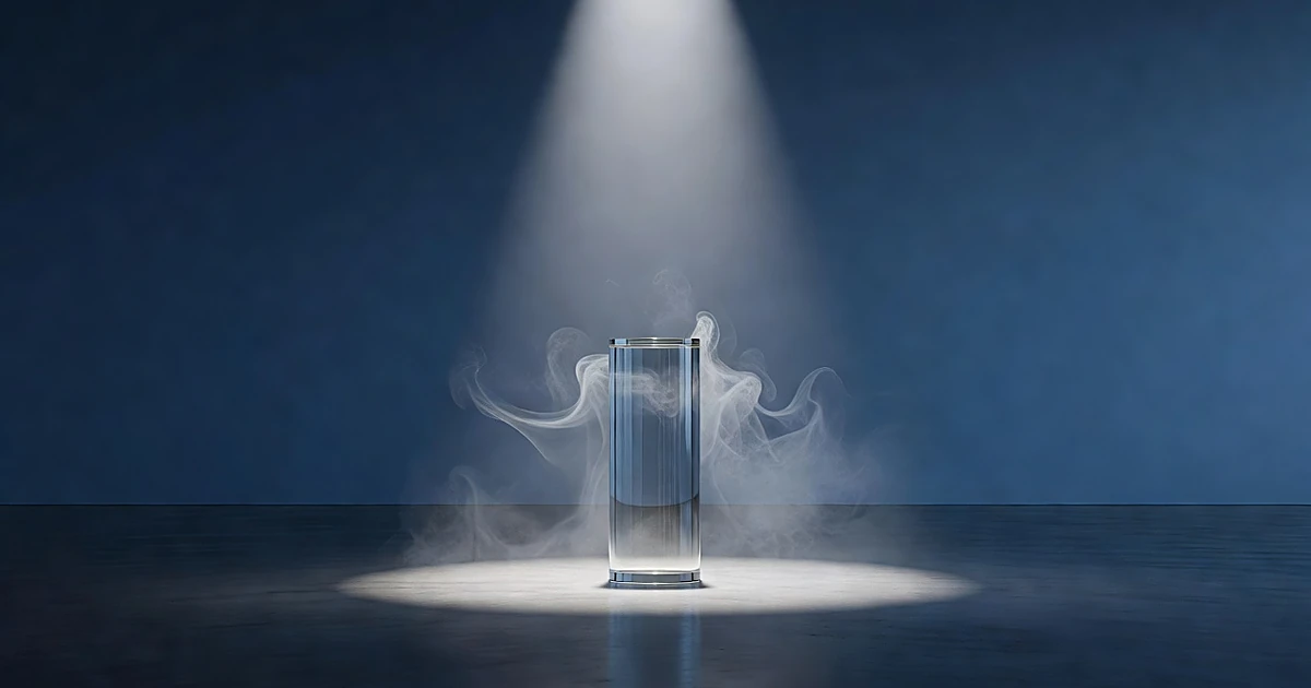 Illuminated glass display pedestal surrounded by mist in a gallery setting
