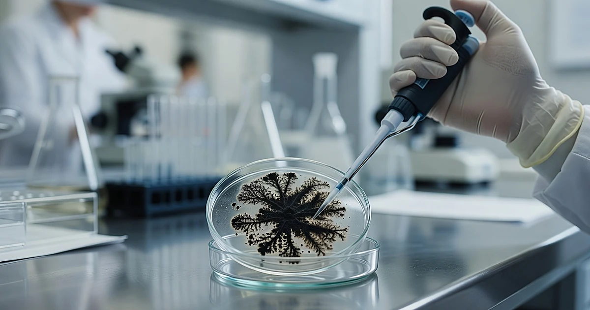 Laboratory technician examining petri dish containing black mold specimen under clinical lighting