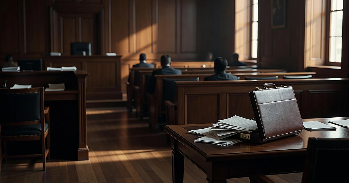 Empty courtroom with judge's bench, witness stand, and defense table with open briefcase in afternoon light