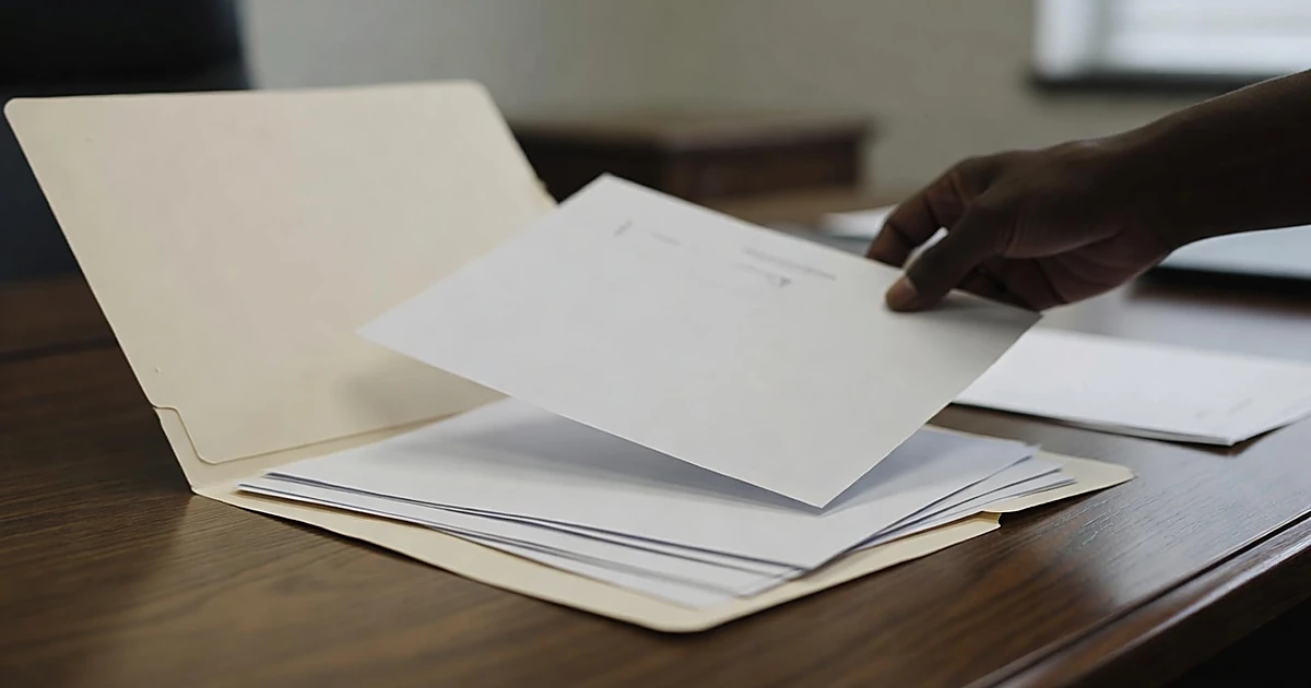 Immigration documents on desk with silhouetted hand reaching to review papers in federal office setting