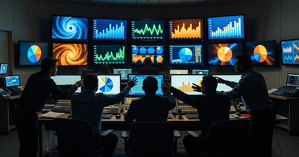 Silhouetted figures in TV studio control room with glowing monitors during political broadcast discussion