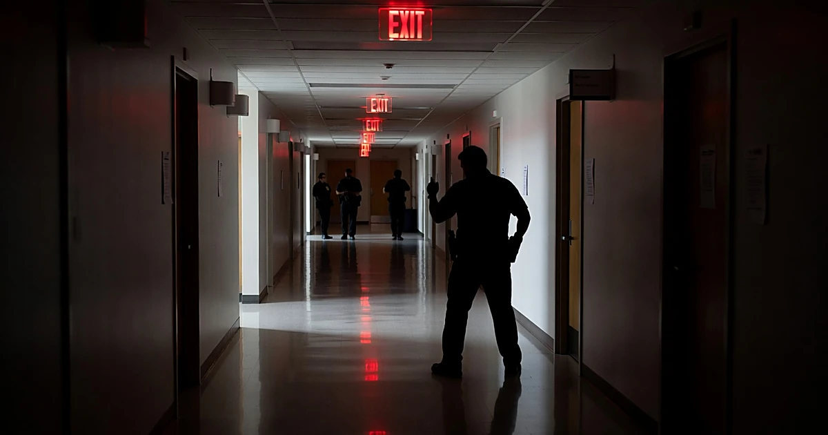 Silhouetted armed figure standing guard in dimly lit school hallway with emergency lighting