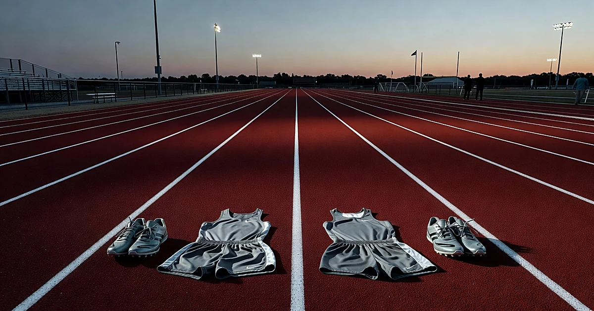 Empty athletic track lanes at dusk with separated sports equipment on either side of lane dividers
