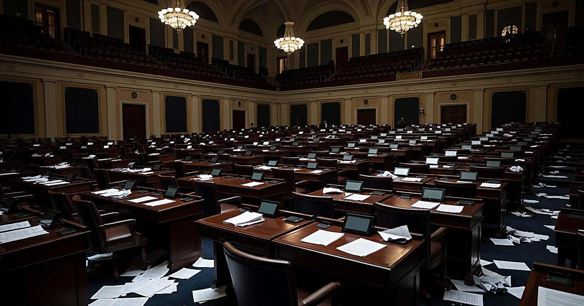 Empty congressional chamber with scattered papers on desks under chandelier lighting