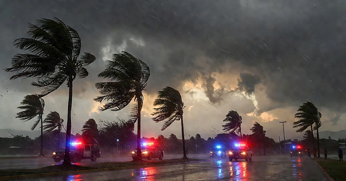 Storm clouds over coastal palms with emergency vehicle lights reflecting on wet pavement during tropical weather