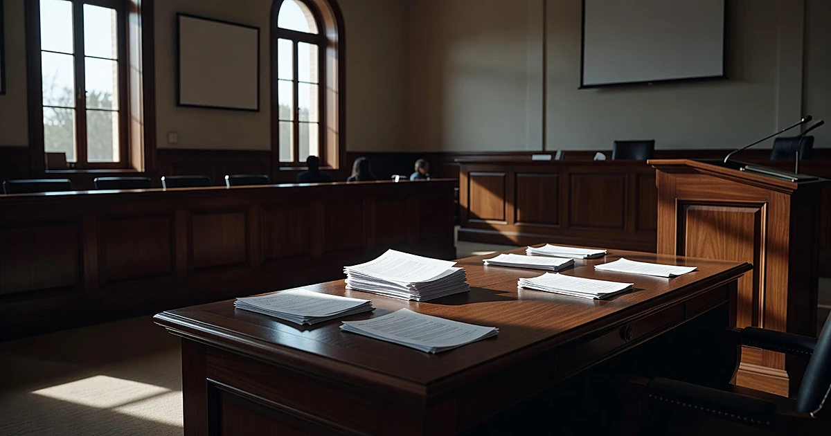 Empty Florida courtroom bench with scattered legal documents in dramatic afternoon light