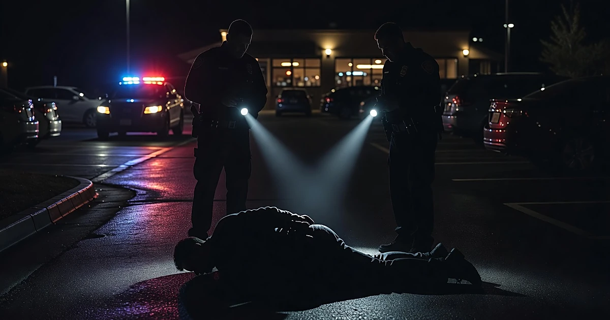 Police officers with flashlights standing over prone silhouette in parking lot at night with emergency lights