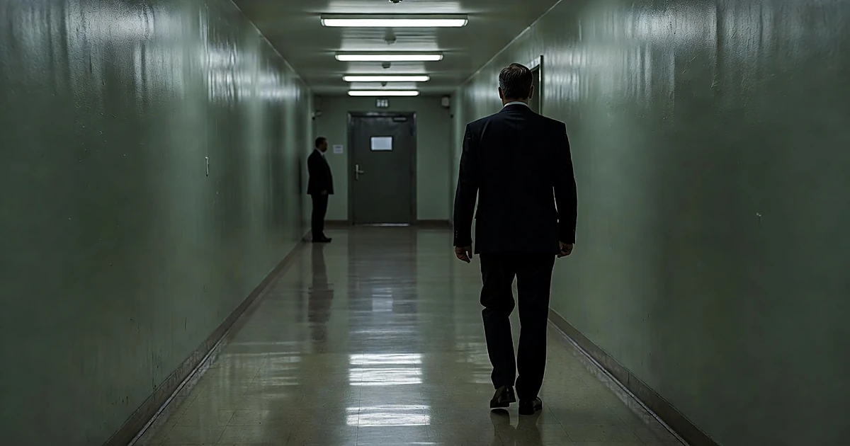 Silhouetted figures in institutional government corridor with security door and fluorescent lighting