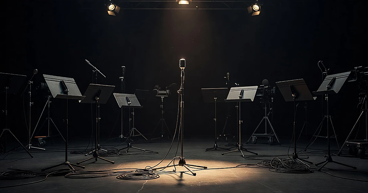 Empty television studio with vintage microphone stand under spotlight surrounded by scattered music equipment