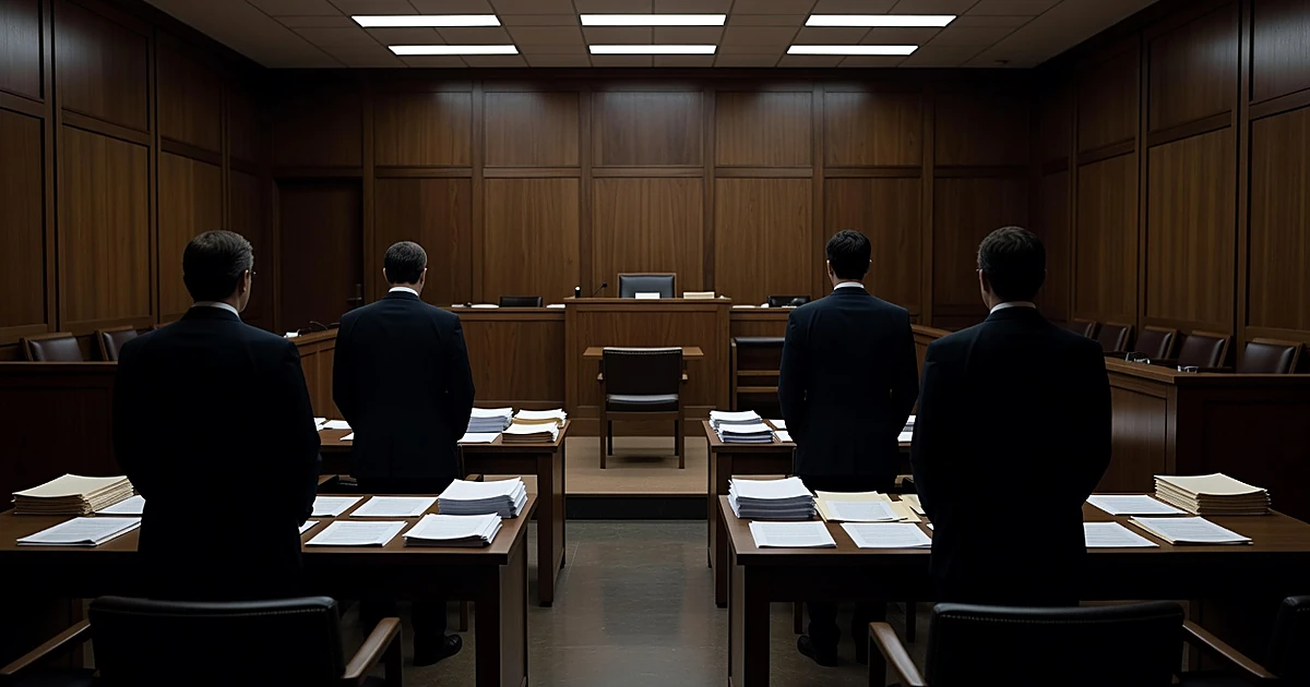 Federal courtroom interior with silhouetted attorneys at counsel tables before empty judge's bench