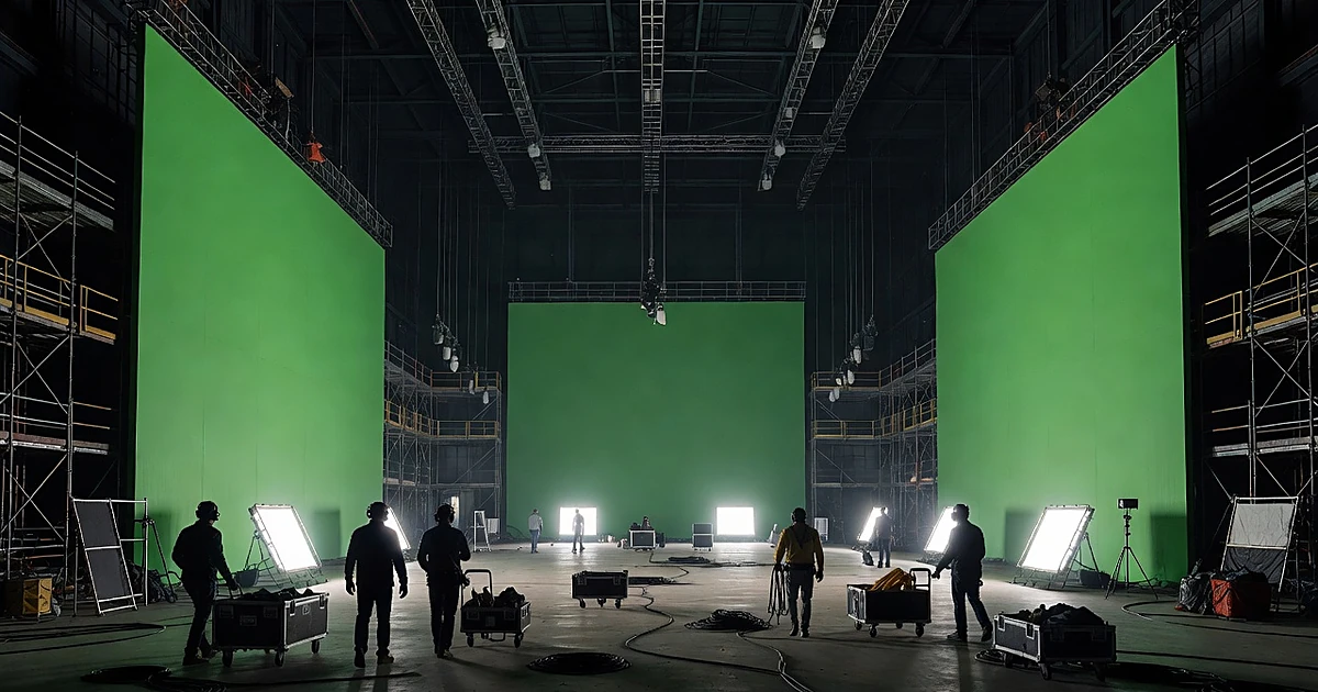 Large film production soundstage with green screens, scaffolding, and silhouetted crew moving equipment