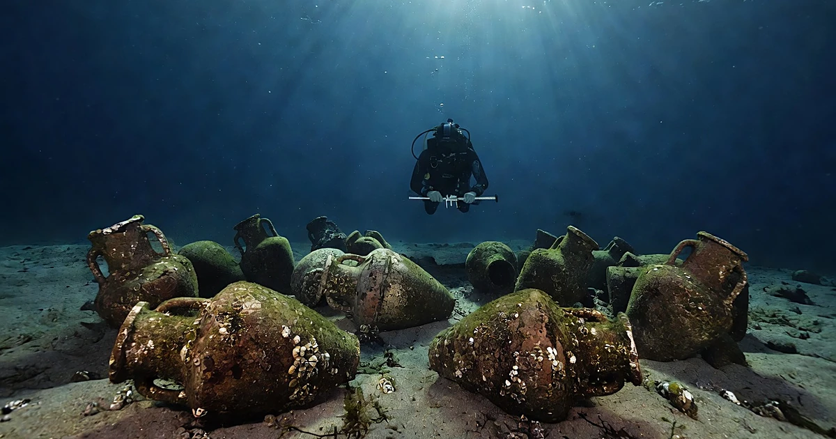 Ancient ceramic amphorae scattered on Mediterranean seafloor with diver silhouette examining archaeological site