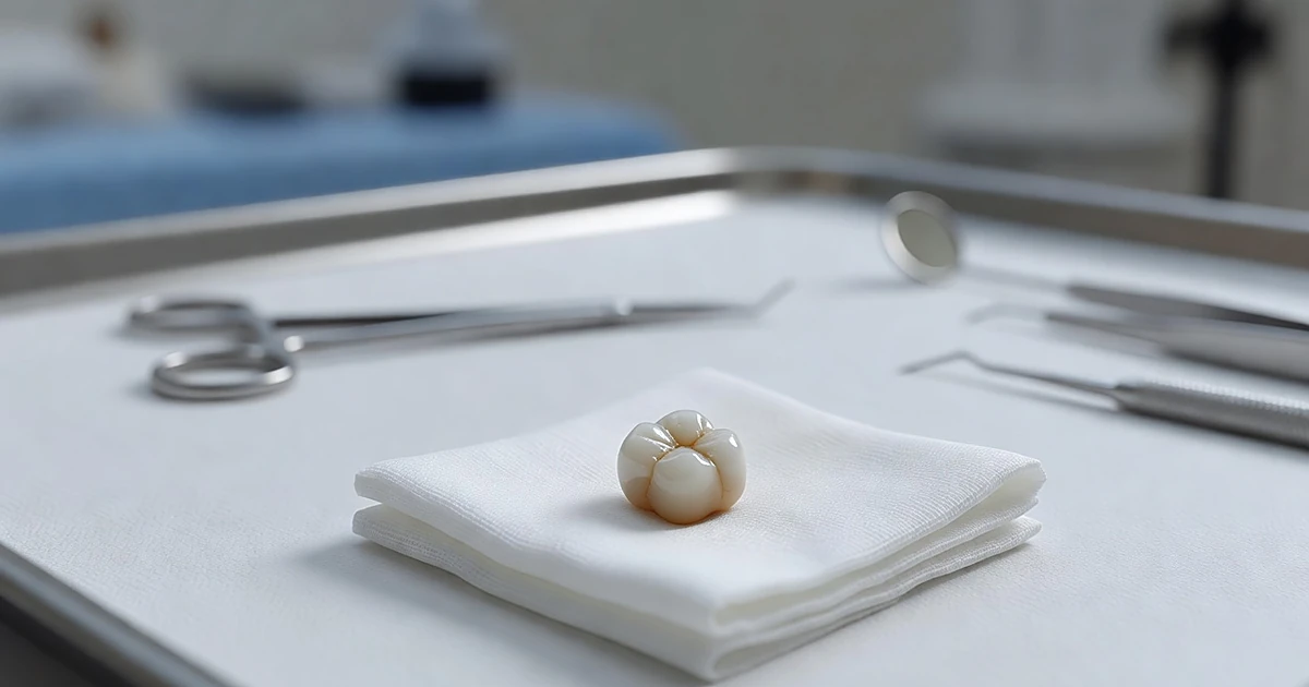 Extracted tooth on surgical gauze in medical examination setting with clinical instruments in background