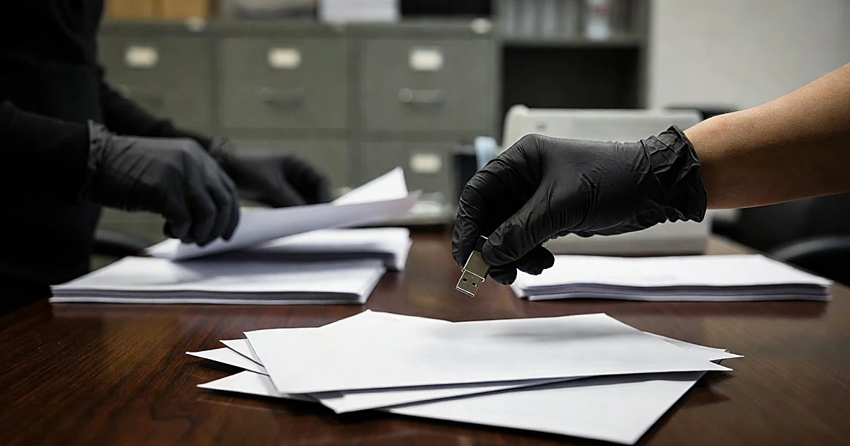 Gloved hand holding USB drive over blank mail ballot envelopes on government office desk with silhouetted officials
