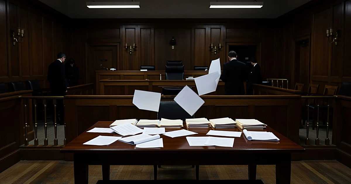 Empty courtroom judge's bench with scattered legal documents on table in dramatic lighting