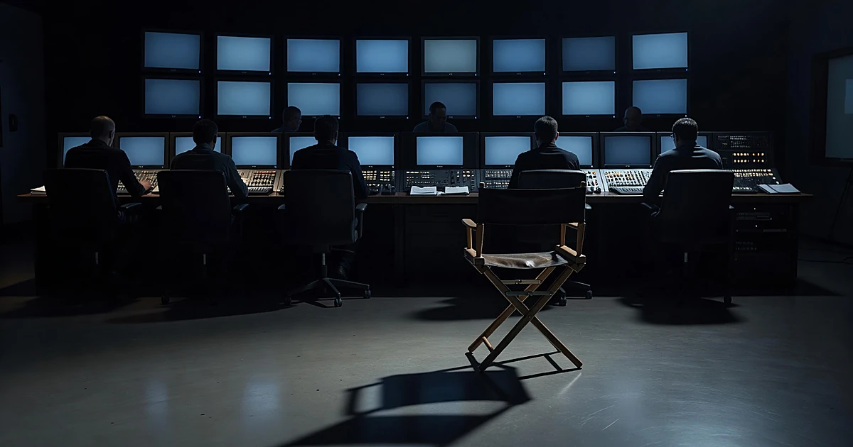 Empty director's chair in front of silhouetted broadcast control room operators at console with blank monitors
