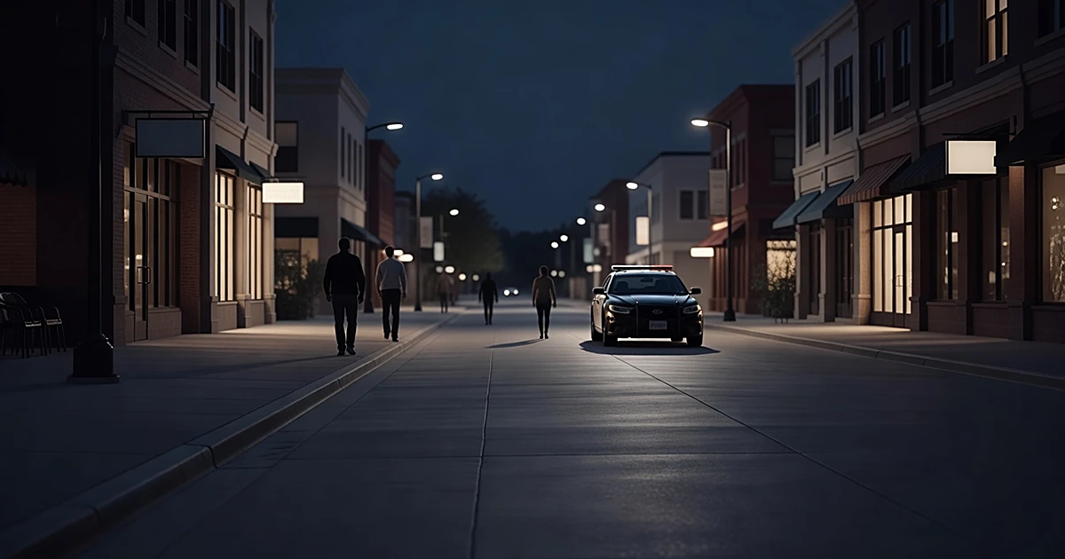 Quiet urban street at night with streetlights, patrol car, and distant pedestrians walking safely