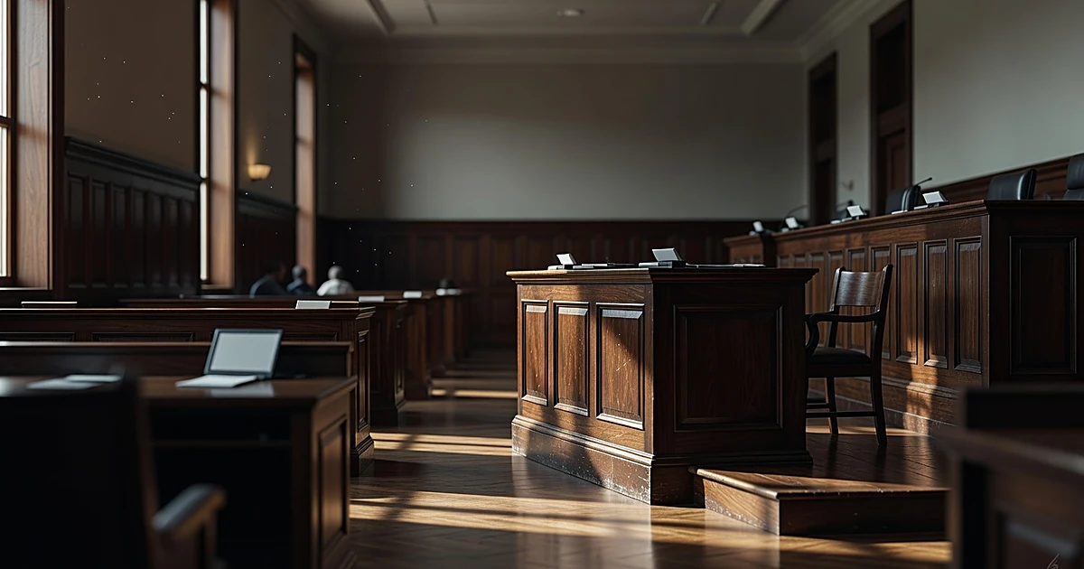 Empty federal courtroom interior with judge's bench and witness stand in natural afternoon light