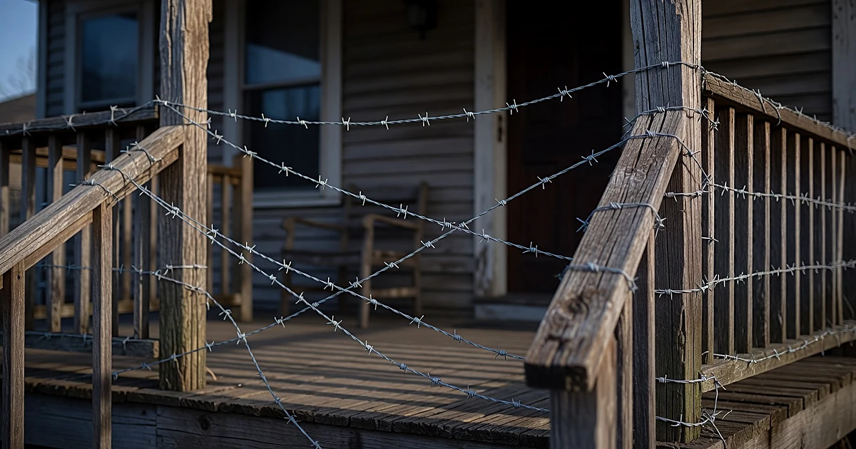 Barbed wire strung across a residential porch railing at dusk