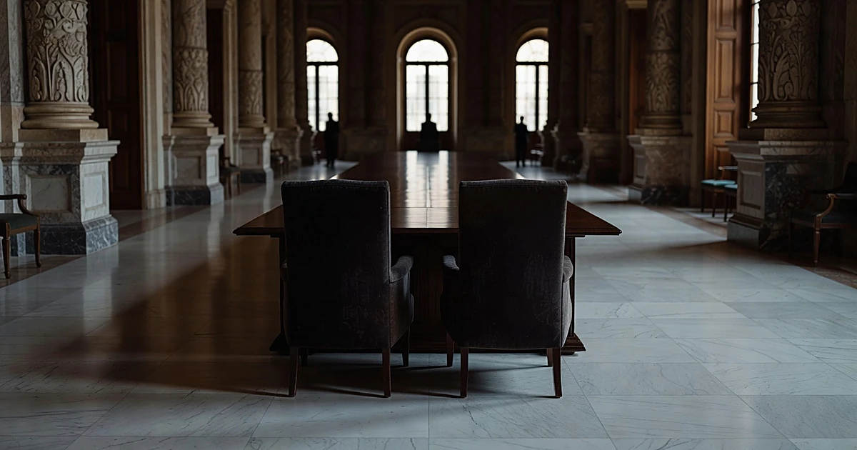 Two empty chairs facing opposite directions across a formal diplomatic reception hall with marble columns