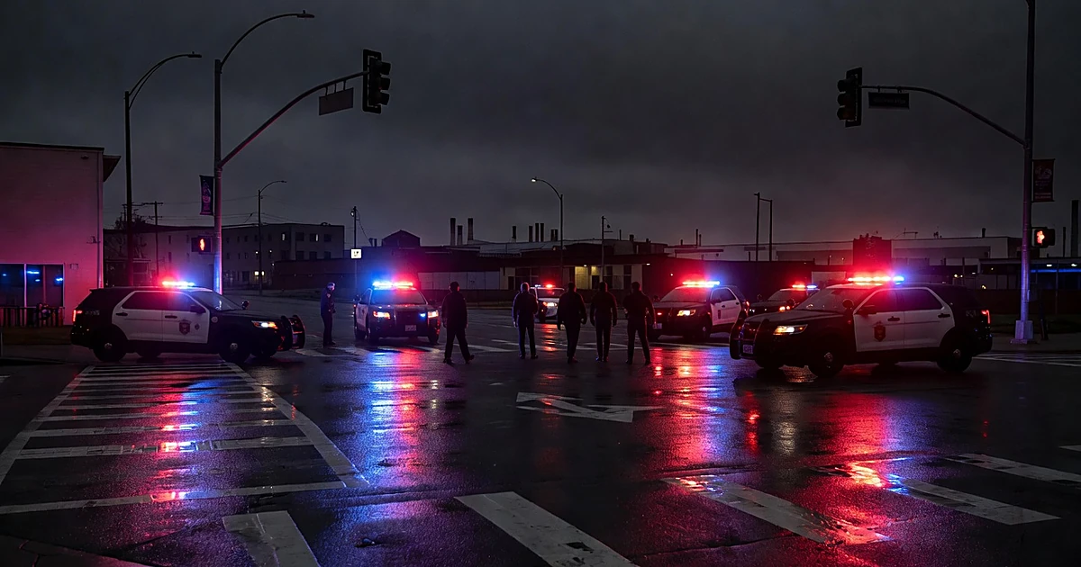 Night intersection with emergency vehicle lights reflecting on wet pavement as silhouetted responders work