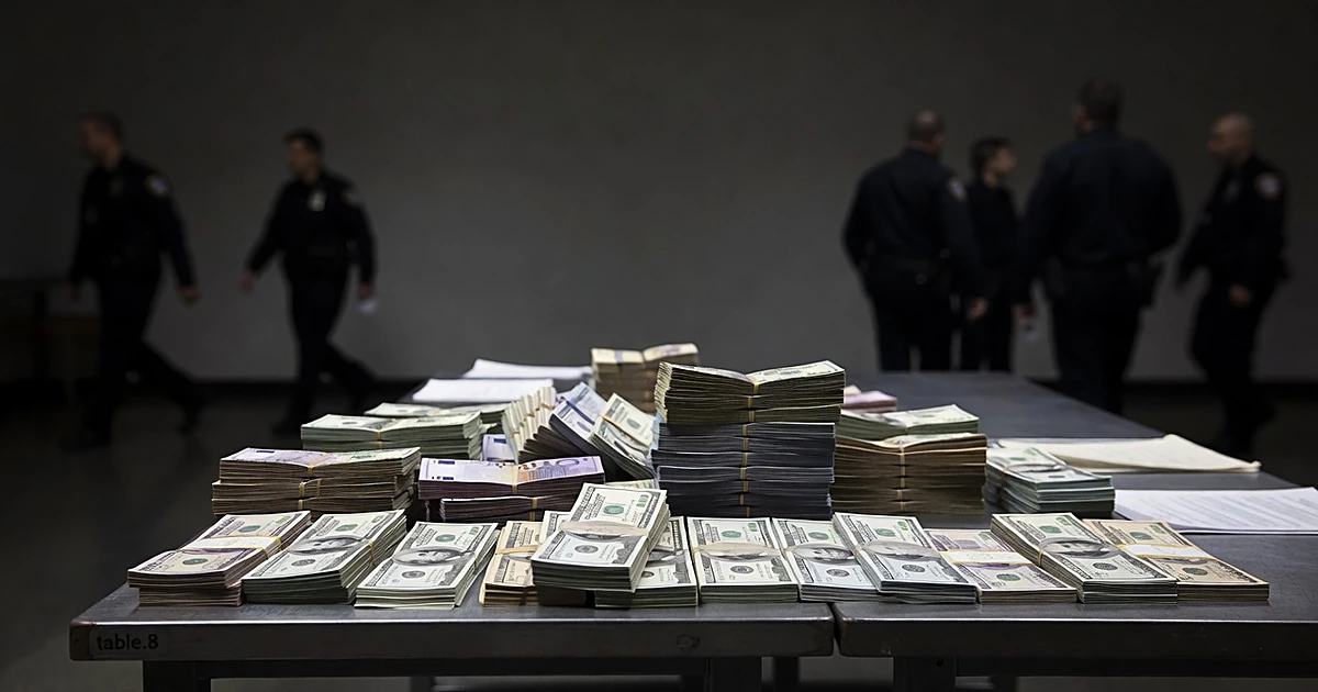 Stacks of bundled currency on evidence table with blurred law enforcement silhouettes in background