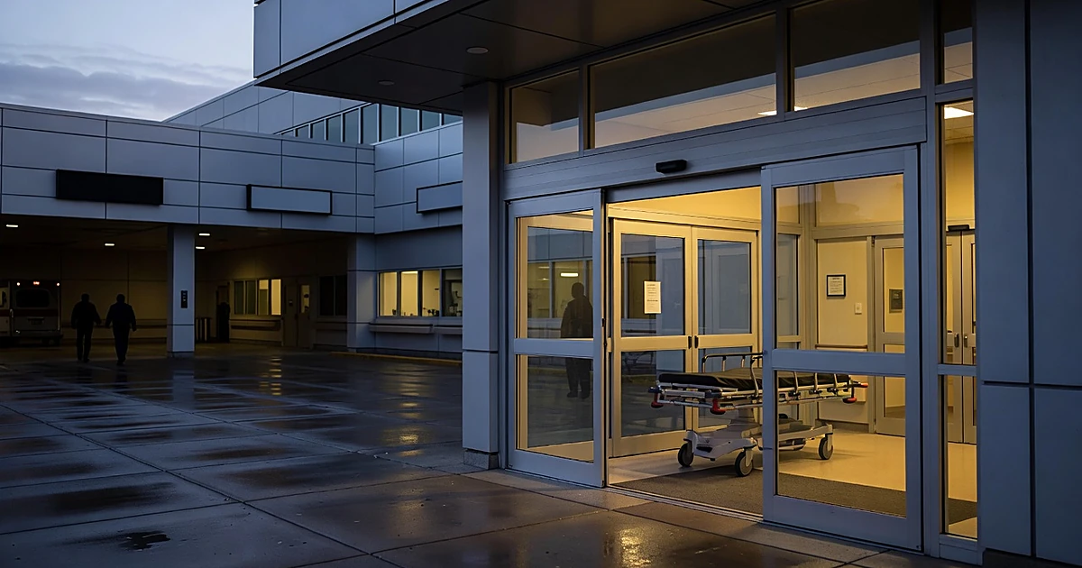Hospital emergency entrance at dusk with empty gurney visible through glass doors and inactive ambulance bay
