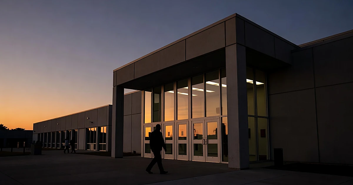 Silhouetted figure approaching university police station entrance at dusk with glowing interior lights