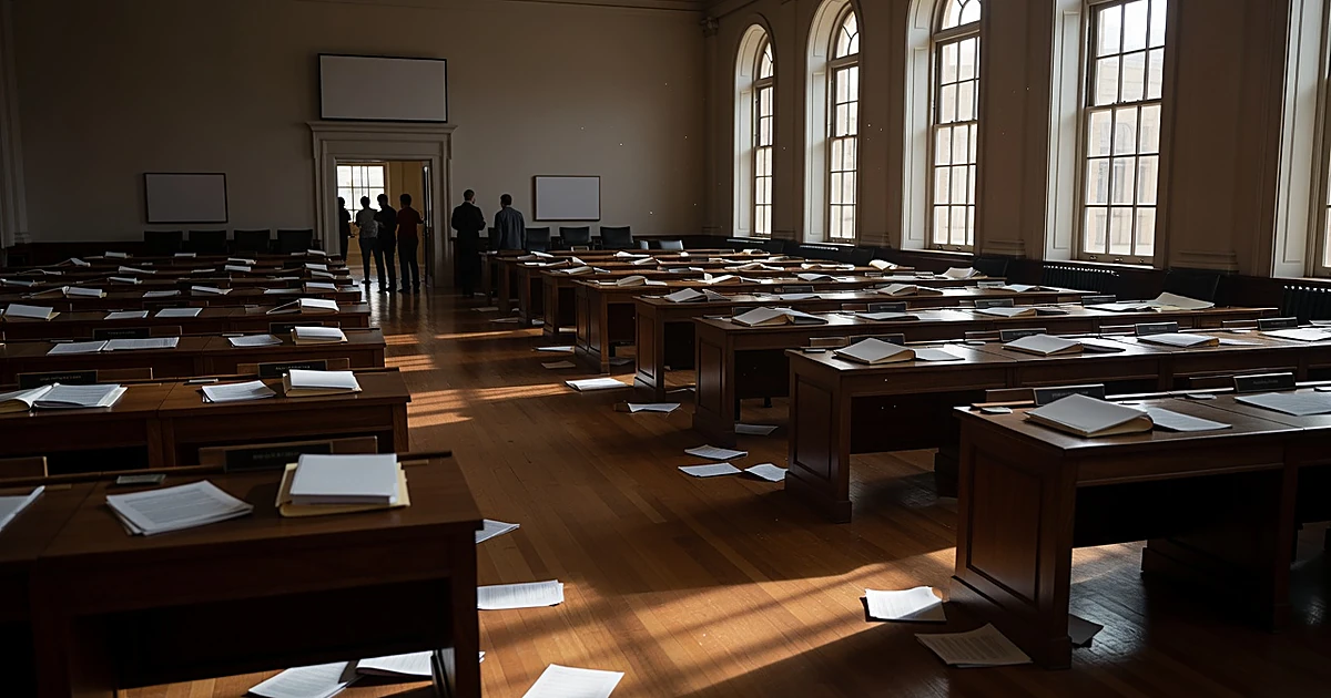 Empty state legislative chamber with scattered papers on desks and silhouetted figures in background
