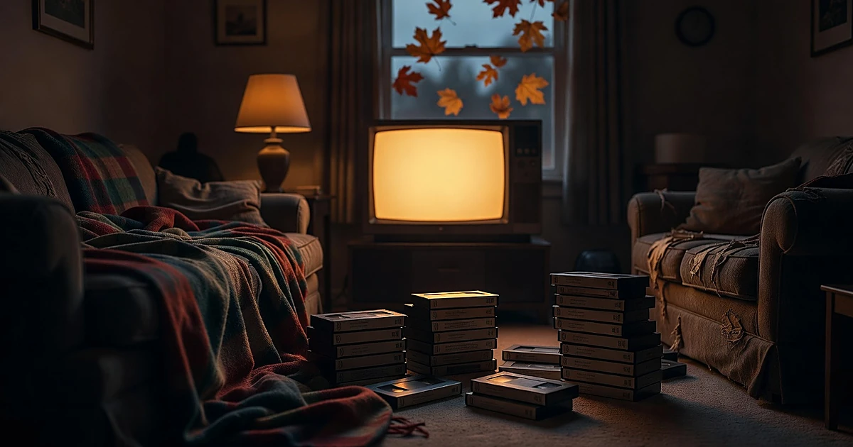Vintage television glowing in dim living room with VHS tapes scattered on carpet and cozy blanket on couch