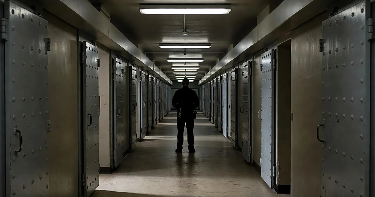 Prison corridor with steel cell doors and silhouetted corrections officer standing in harsh fluorescent light