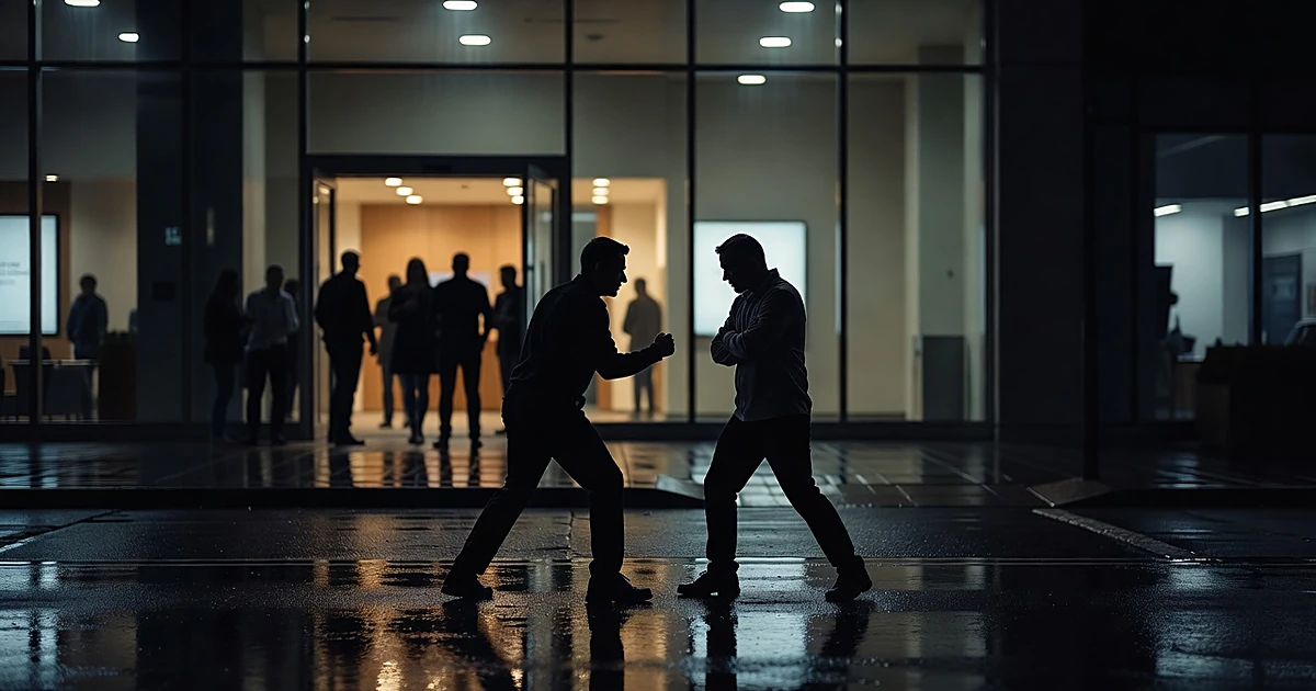 Two silhouetted figures in confrontational stance on wet urban street outside lit building entrance at night
