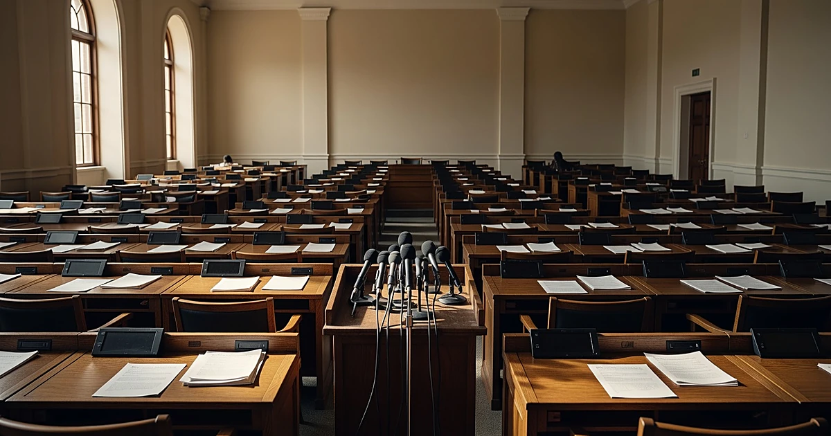 Empty legislative chamber with podium and microphones, afternoon light streaming through windows