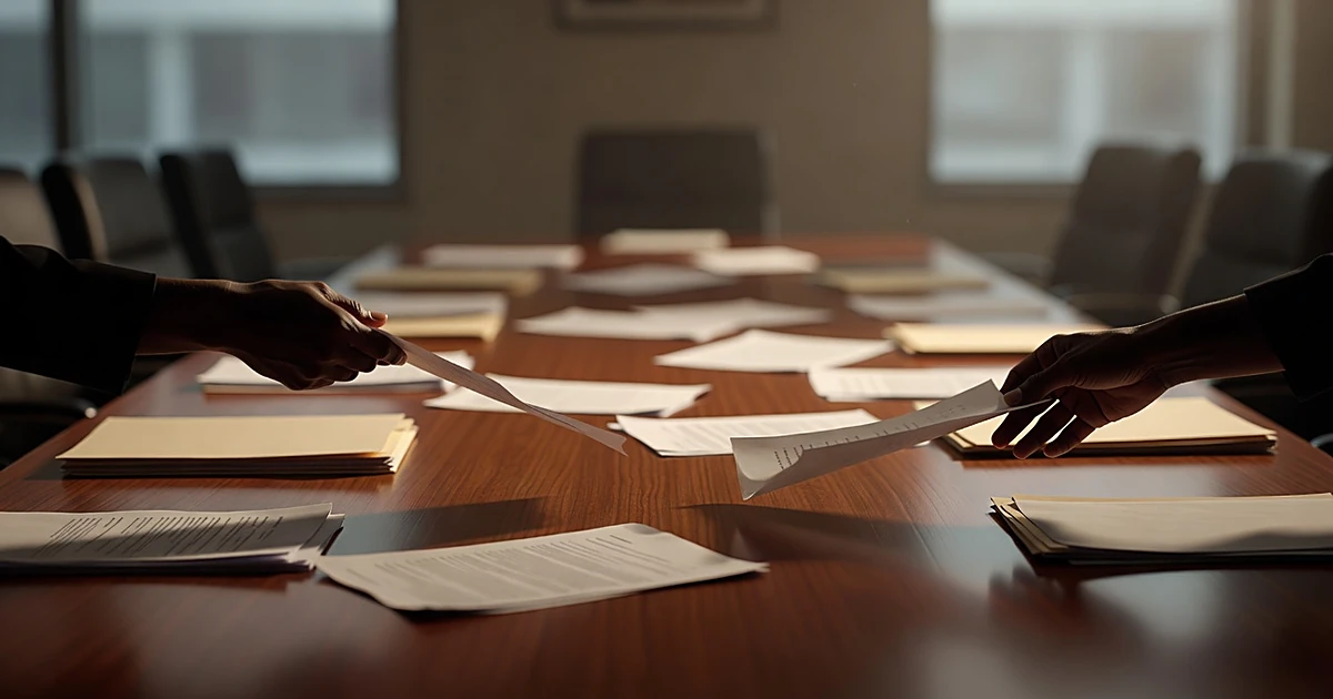 Corporate boardroom table with scattered documents and silhouetted hands during business meeting