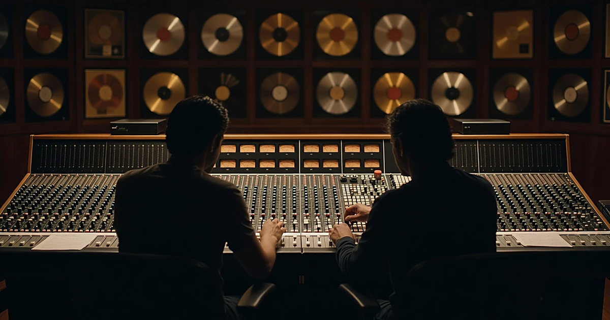 Two silhouetted figures working together at a recording studio mixing console with gold records on wall behind them