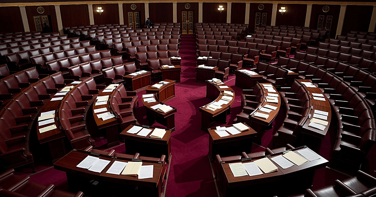 Interior view of legislative chamber with scattered papers on empty desks under warm overhead lighting