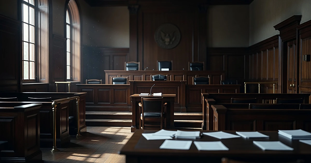 Empty federal courtroom with witness stand and judge's bench in dramatic natural lighting