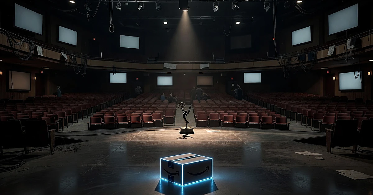 Dark empty television studio with Emmy statuette on stage and illuminated Amazon box in foreground