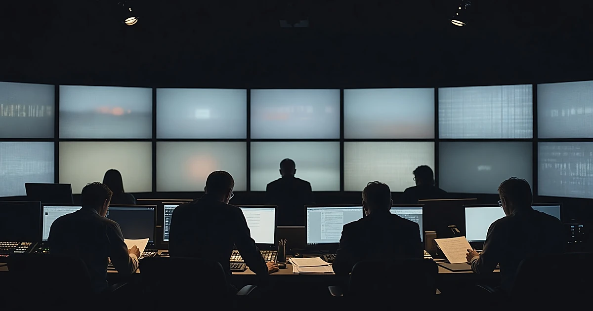 Silhouetted figures in broadcast control room with glowing monitors and scattered documents on production desk