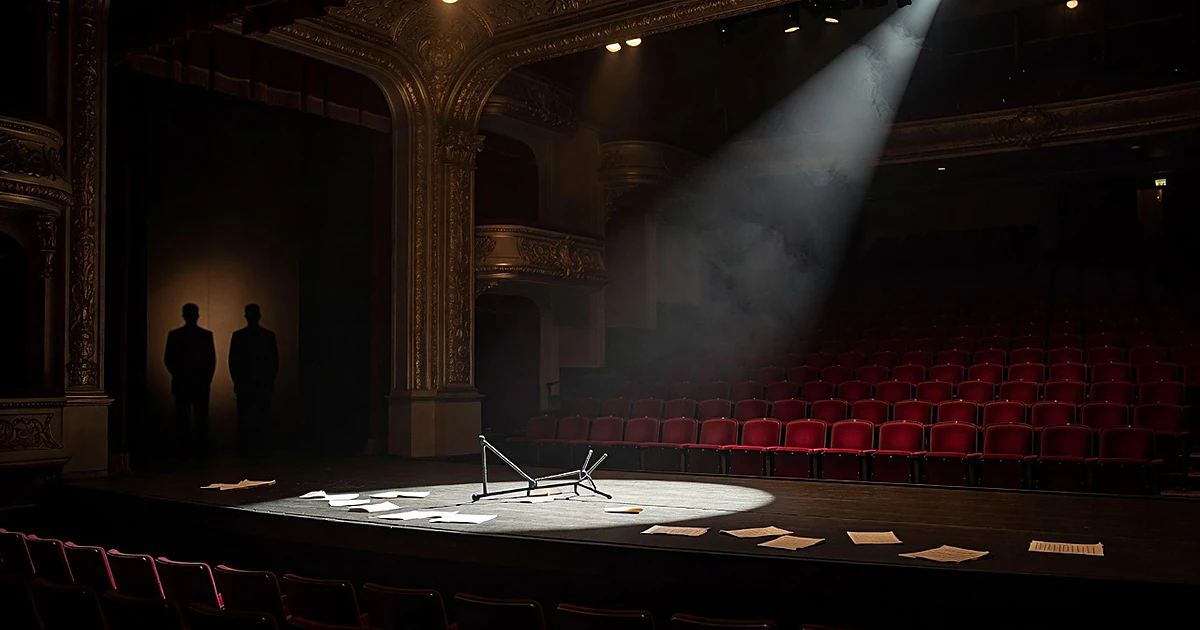 Empty theater stage with spotlight, silhouetted figures in wings, scattered sheet music on floor
