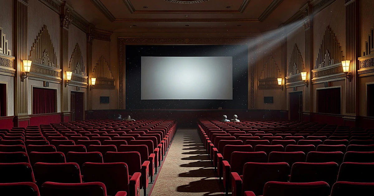 Empty vintage movie theater with red velvet seats and glowing screen in atmospheric lighting