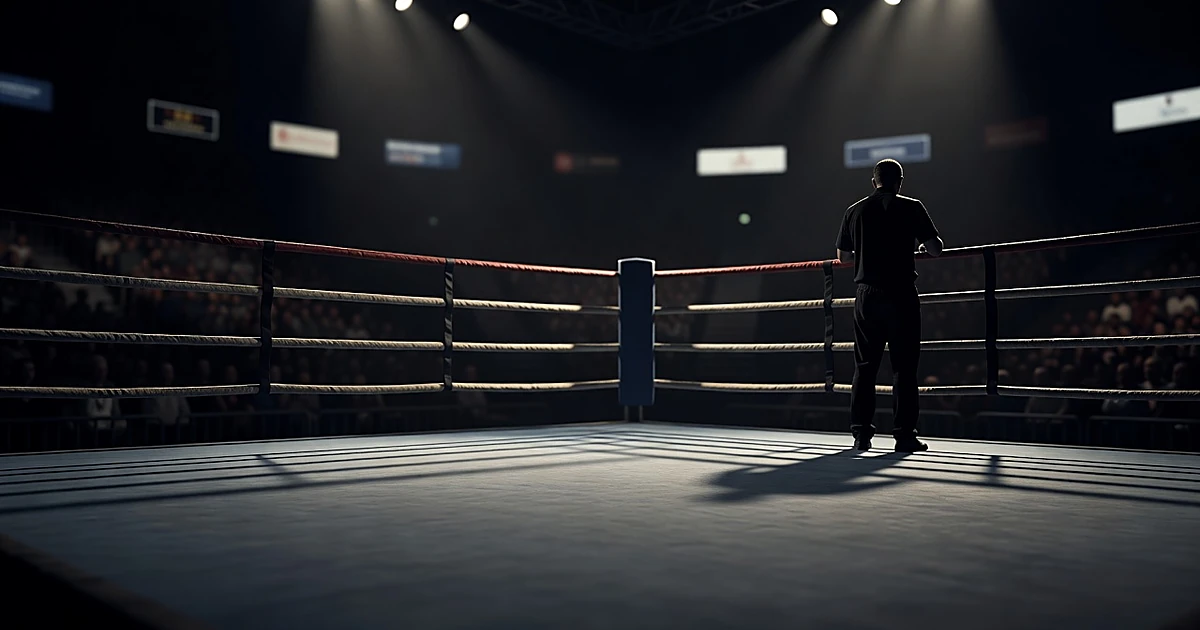 Empty boxing ring under arena lights with silhouetted figure in corner before political rally event