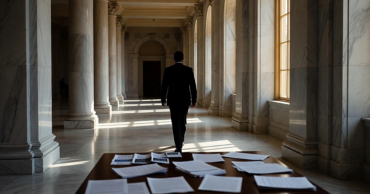 Silhouetted figure walking through state capitol corridor with scattered campaign materials on table in foreground