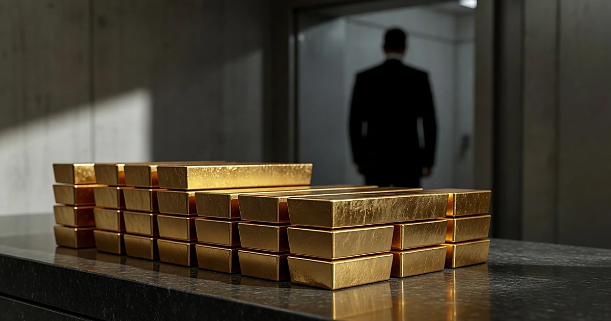 Stacked gold bars in secure vault with silhouetted figure in background
