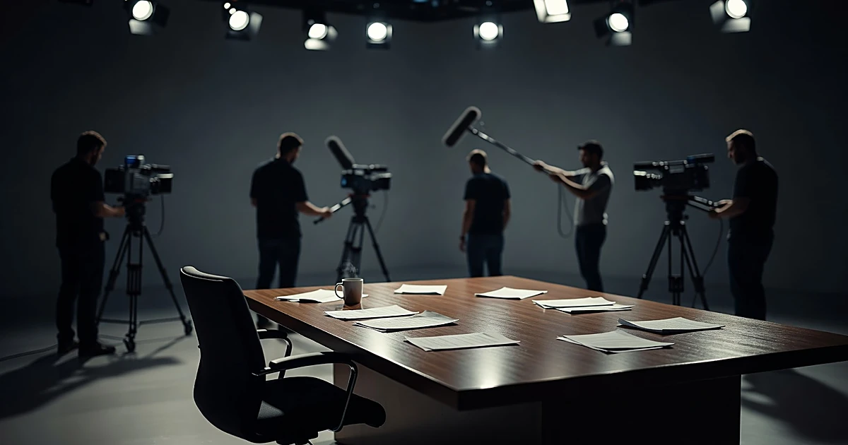 Empty television news studio desk with silhouetted crew members working in background under broadcast lighting
