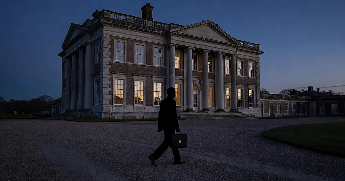 Silhouetted figure walking away from illuminated mansion at dusk with briefcase in hand