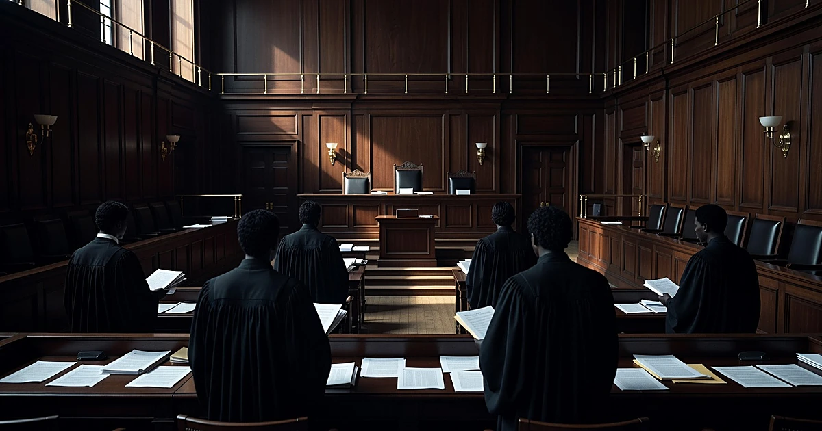 Empty courtroom with silhouetted barristers standing before judicial bench during legal proceedings