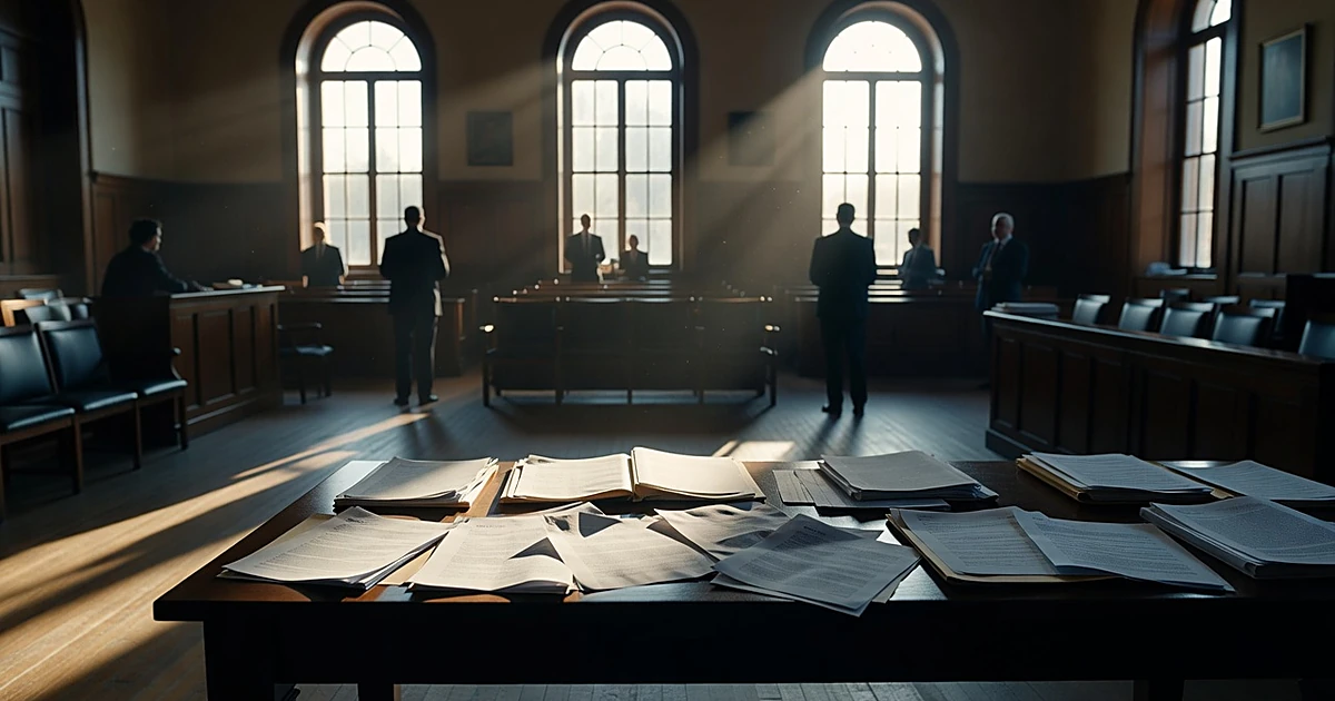 Courtroom table with scattered legal documents, silhouetted figures visible in background near tall windows