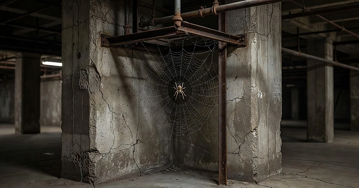Spider web in corner of dimly lit federal building basement with concrete walls and exposed pipes