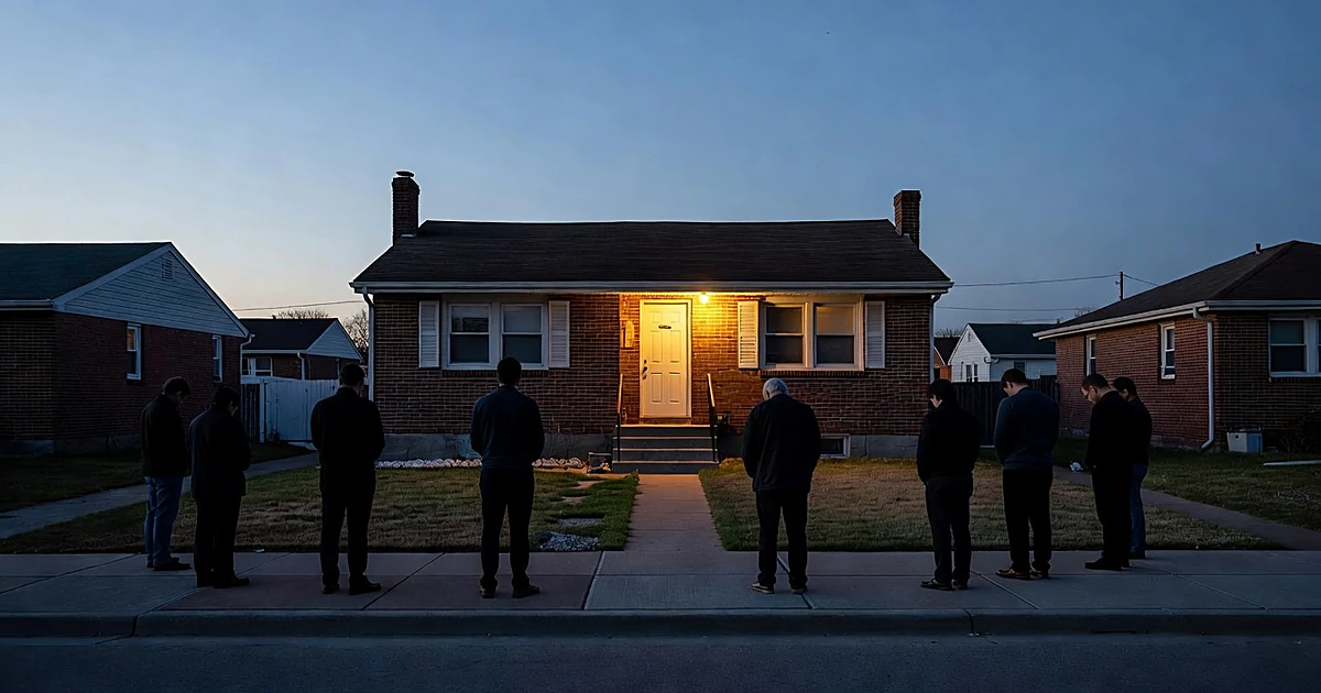 Silhouetted figures gathered in prayer outside a modest brick home at dusk in a Chicago suburb